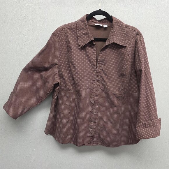 Cato Blouse Shirt Womens 22/24W Brown Pink Polka Dot Stretch 3/4 Sleeve Plus - Picture 1 of 12